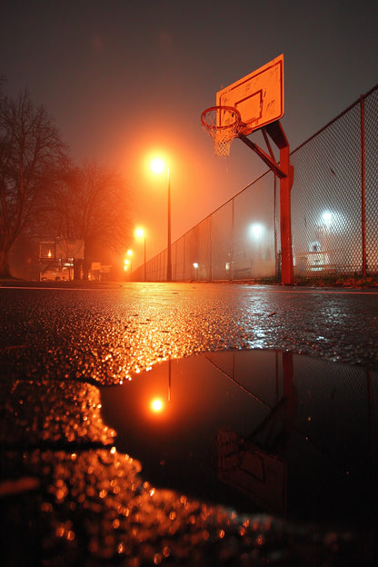 A low-angle nighttime photograph of a wet basketball court with a large puddle in the foreground reflecting warm orange streetlights. A basketball hoop and chain-link fence are visible on the right, with trees and distant lights on the left, all softened by mist.