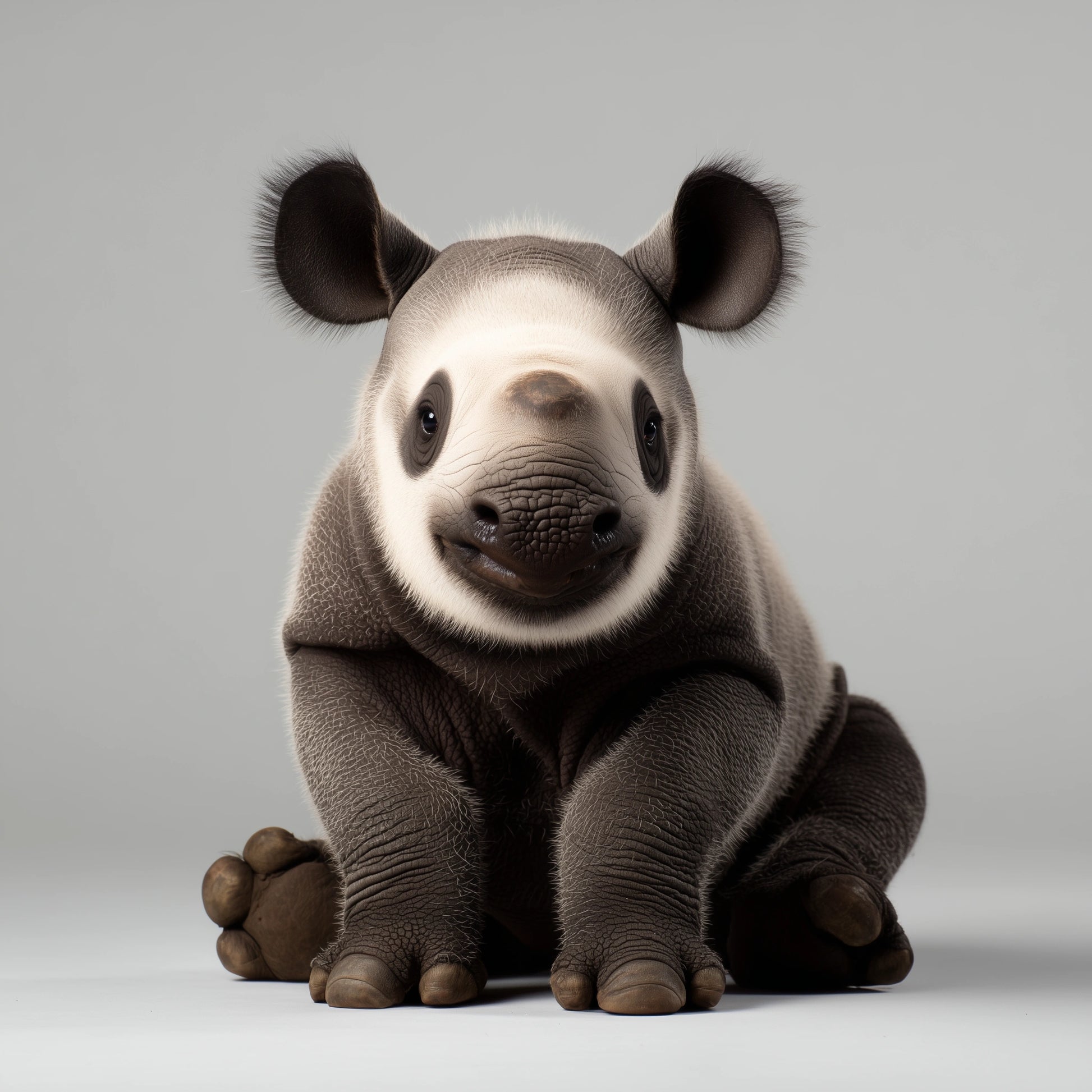 A highly detailed Baby Rhino sitting down, featuring realistic fur textures, dark gray and white coloring, and large rounded ears, set against a seamless light gray background.