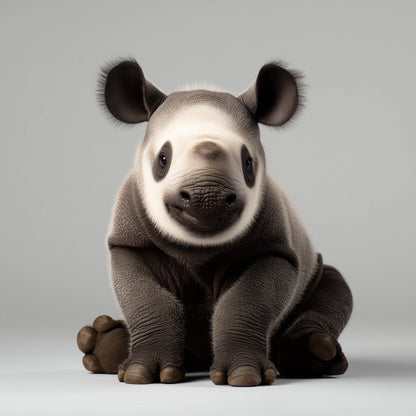 A highly detailed Baby Rhino sitting down, featuring realistic fur textures, dark gray and white coloring, and large rounded ears, set against a seamless light gray background.