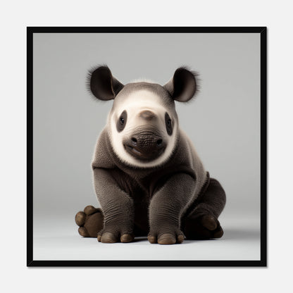 Black framed artwork of a cute baby Rhino on a grey background
