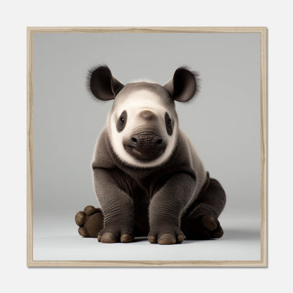 Natural oak framed artwork of a cute baby Rhino on a grey background