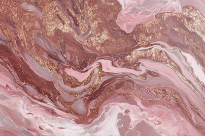 Abstract fluid art pattern with swirling shades of pink, dusty rose, taupe, and metallic champagne marbling.