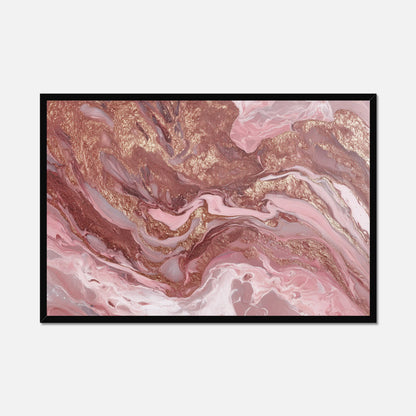 Black framed abstract artwork with pink and champagne tones on a white background