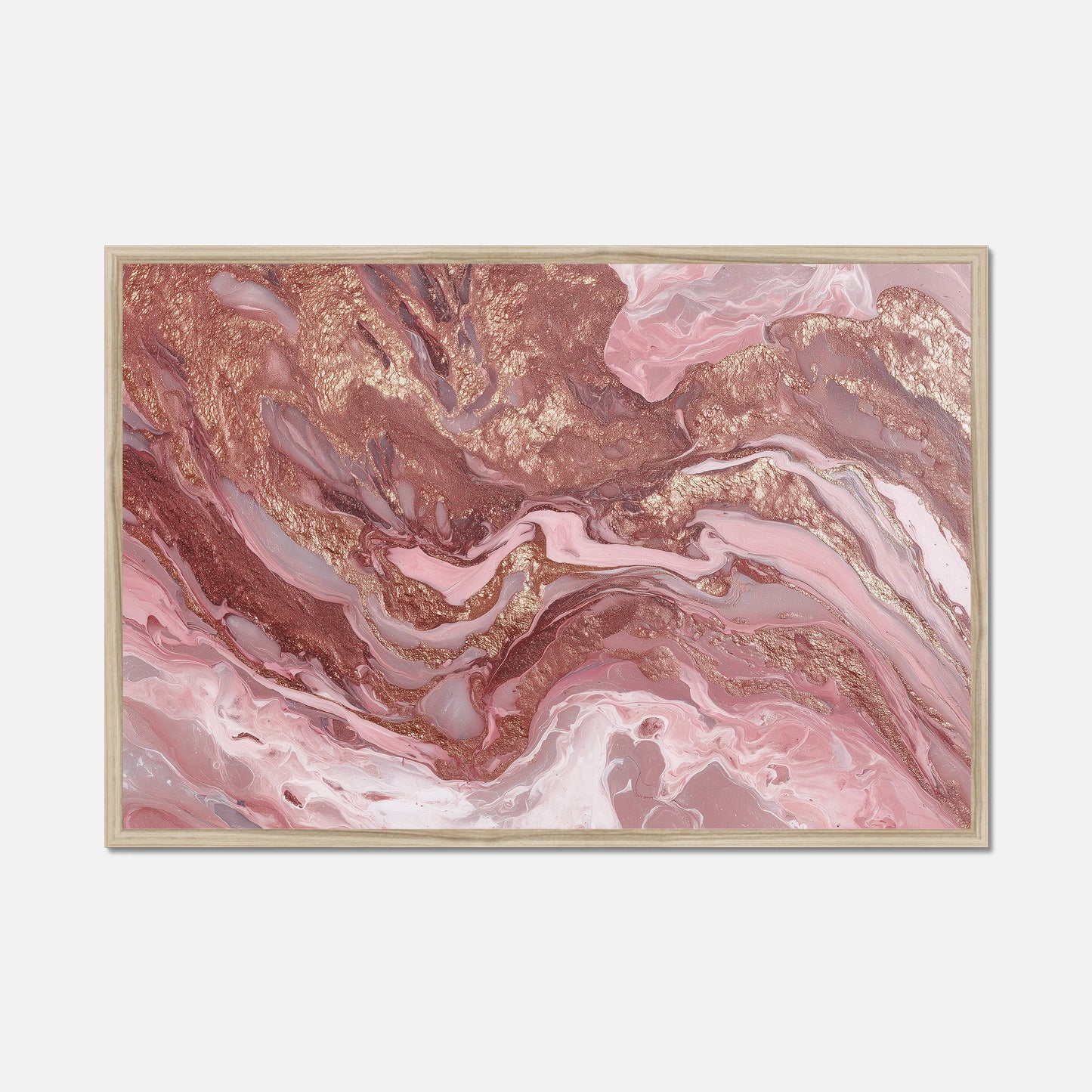 Natural oak framed abstract artwork with pink and champagne tones on a white background