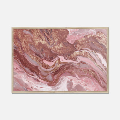 Natural oak framed abstract artwork with pink and champagne tones on a white background