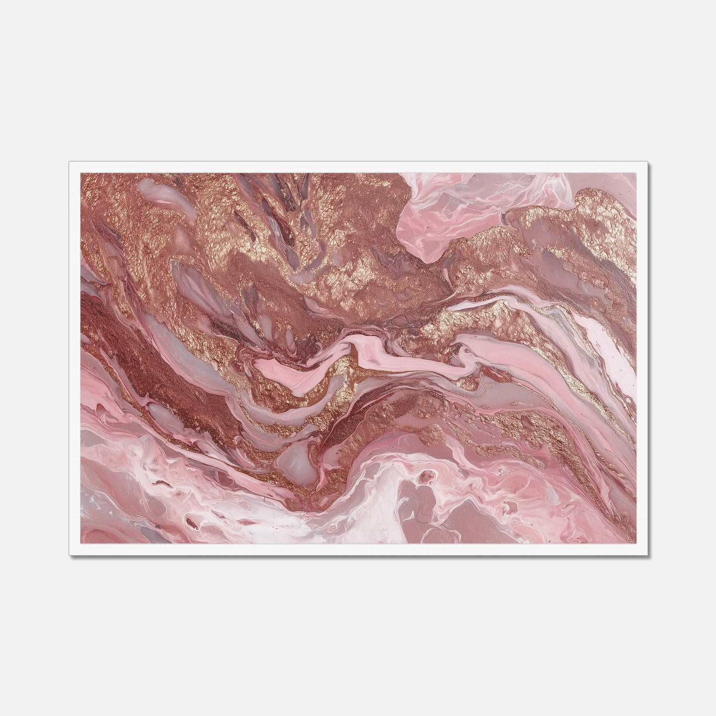 White framed abstract artwork with pink and champagne tones on a white background