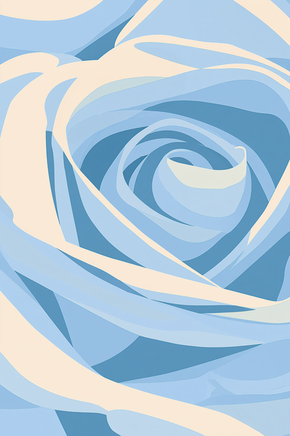 An abstract close-up illustration of a blue rose with layered petals in shades of light and medium blue, accented by cream-colored highlights.