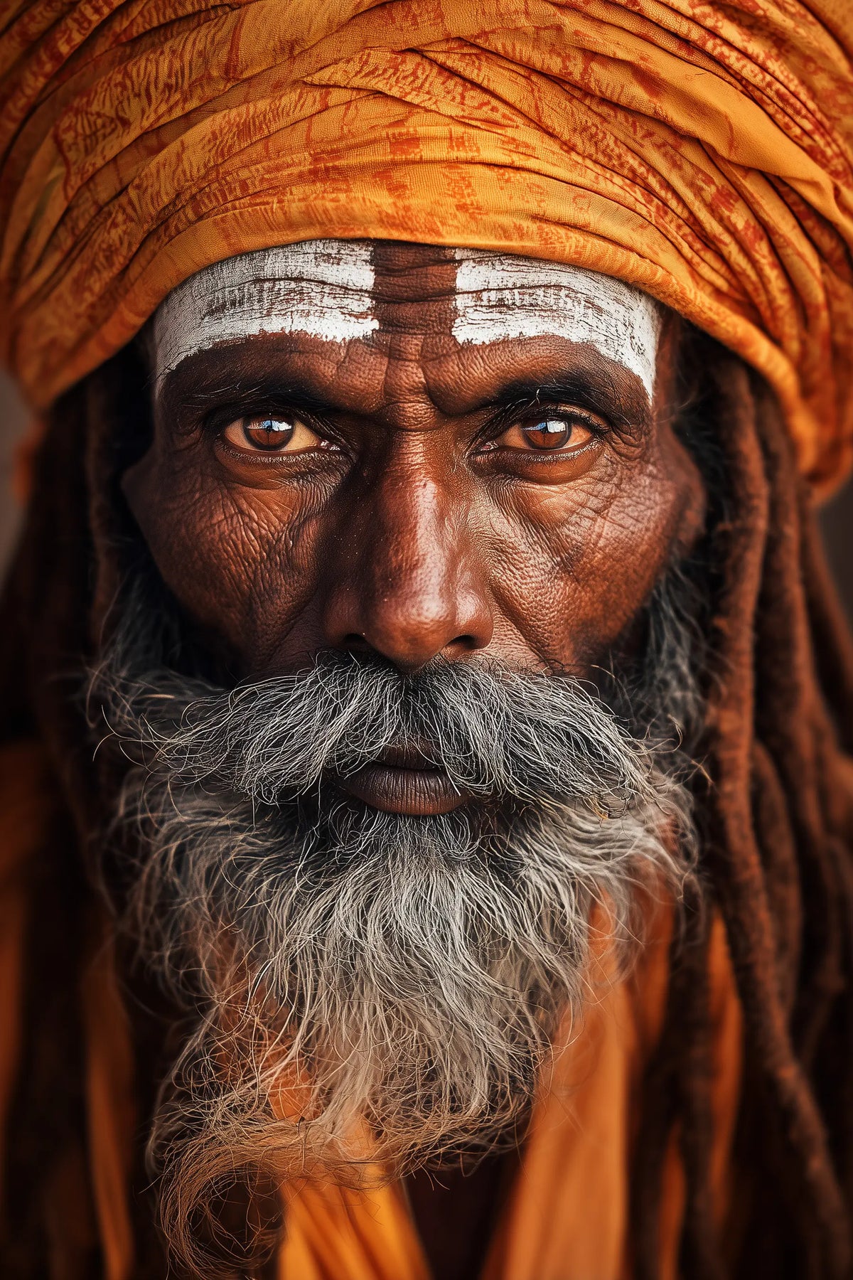 Close-up portrait of an elderly Sadhu with a long grey beard, wearing an orange turban and white forehead markings, looking directly at the camera.