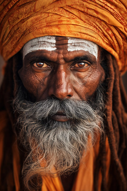 Close-up portrait of an elderly Sadhu with a long grey beard, wearing an orange turban and white forehead markings, looking directly at the camera.