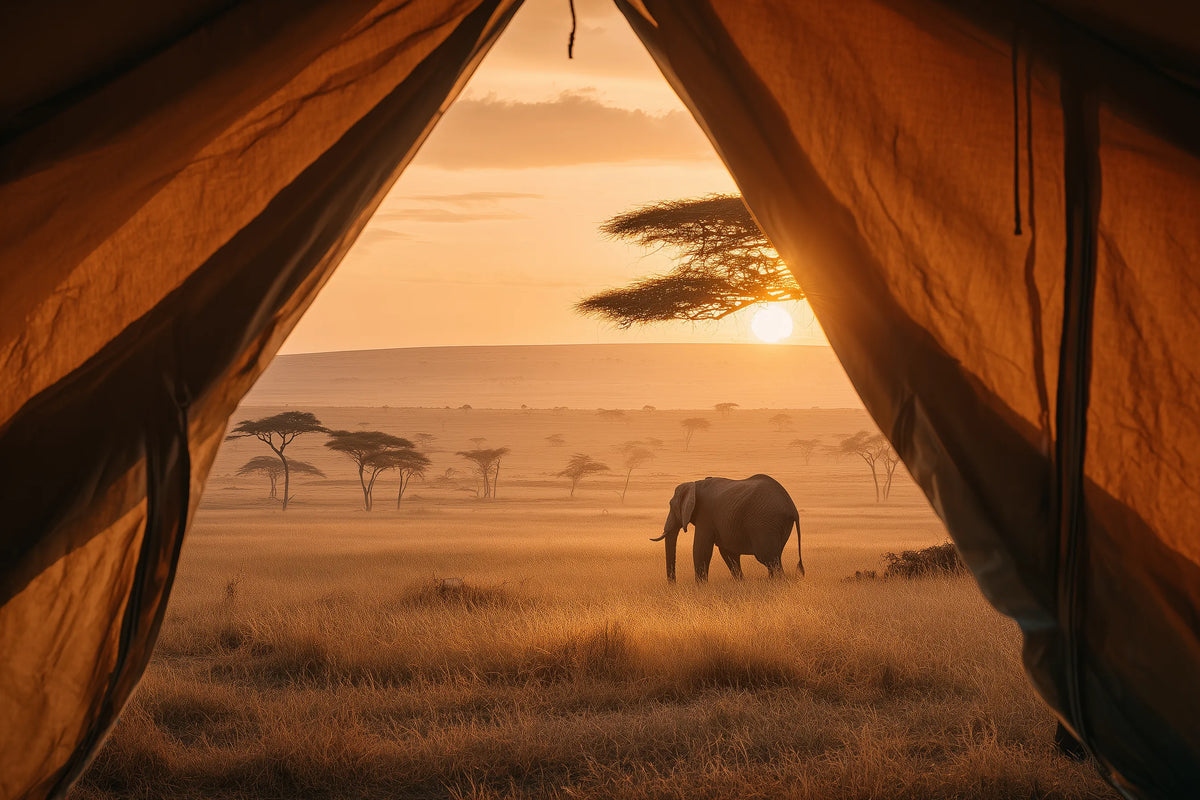 A tent opening frames a savanna landscape at sunset, with an elephant walking in the grass and acacia trees in the distance.