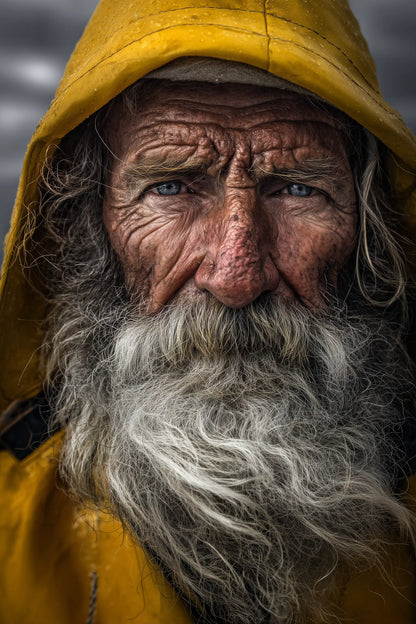Close-up portrait of an elderly Sailor with a long gray beard and blue eyes, wearing a bright yellow hooded raincoat against a dark, moody background.