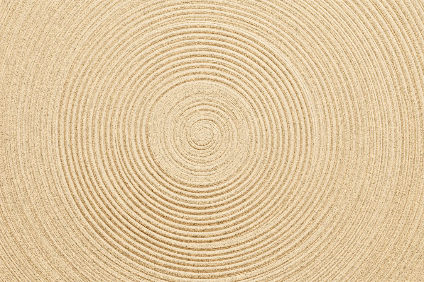 A close-up of a light beige sand textured surface with concentric circular grooves radiating from the center.