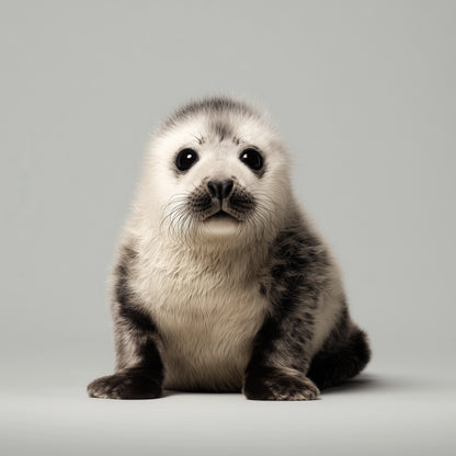 A fluffy seal pup sitting upright against a plain light gray studio background.