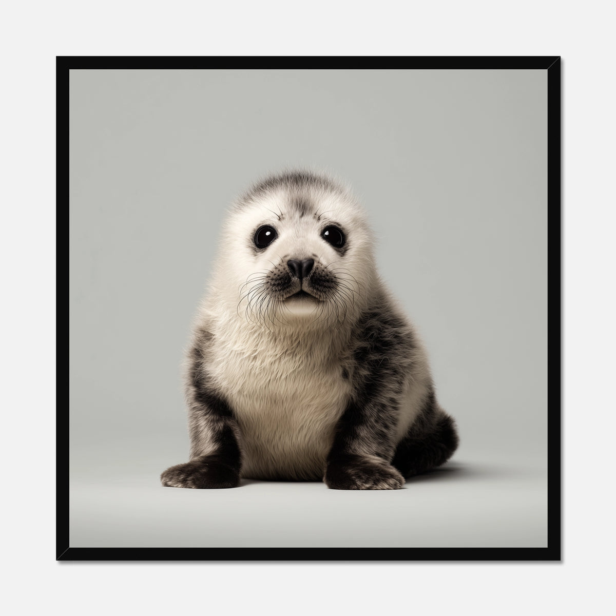 A black framed square art print featuring a cute seal pup sitting against a light gray background.