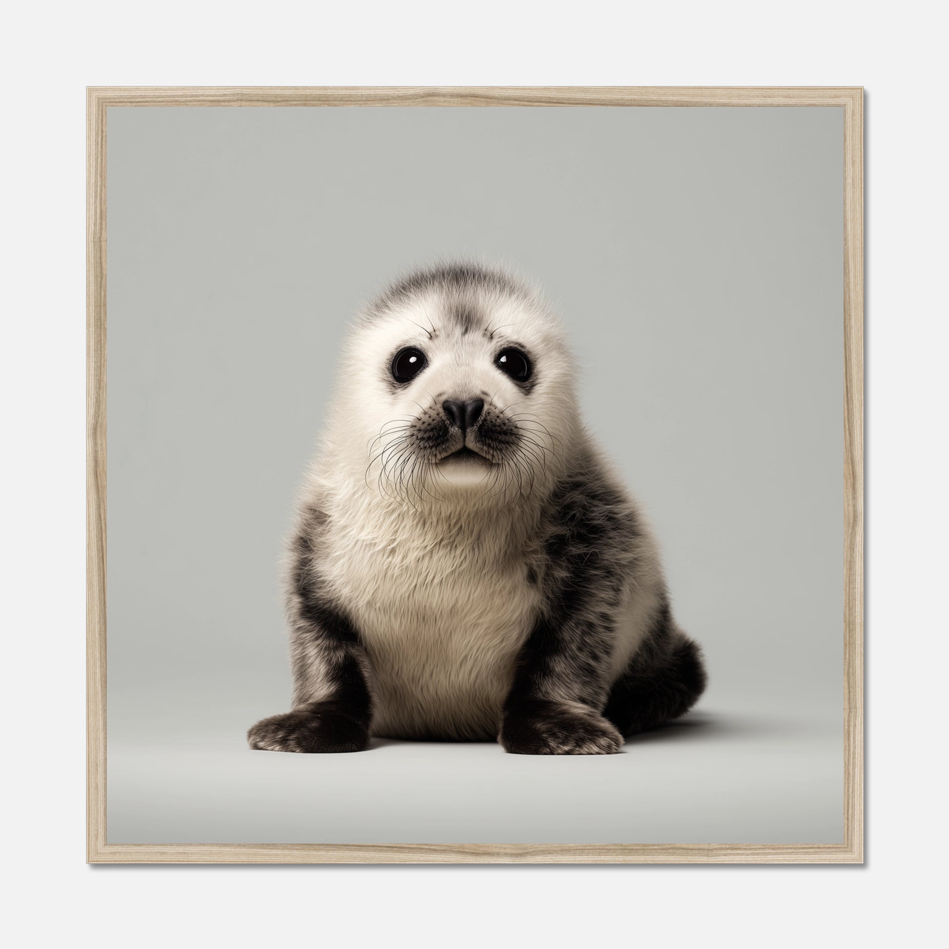 A natural oak framed square art print featuring a cute seal pup sitting against a light gray background.