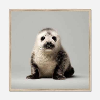 A natural oak framed square art print featuring a cute seal pup sitting against a light gray background.