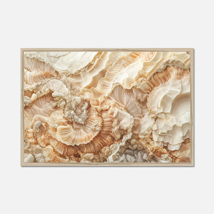 Natural oak framed artwork of a textured beige and brown pattern on a white wall