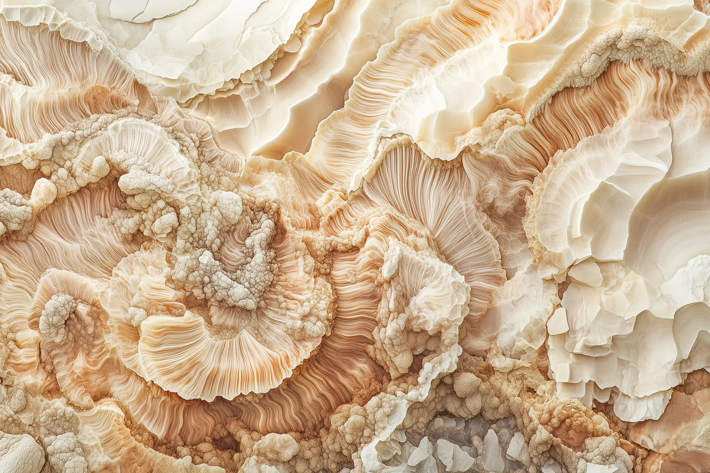 Abstract close-up of layered mineral or shell-like textures in warm cream, beige, tan, and soft peach tones, filling the full frame.