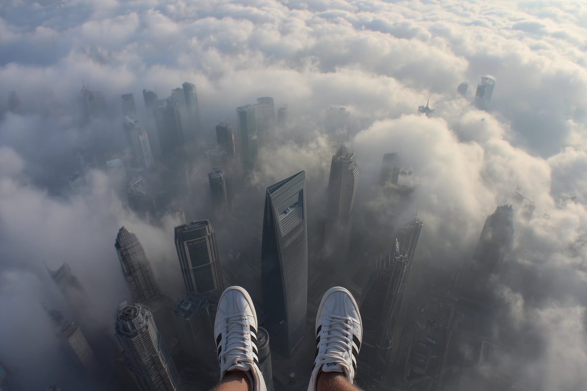 A dramatic high-angle view from a skyscraper in Shanghai edge looking out over a city shrouded in thick clouds, with a person's legs and white sneakers dangling over the edge.