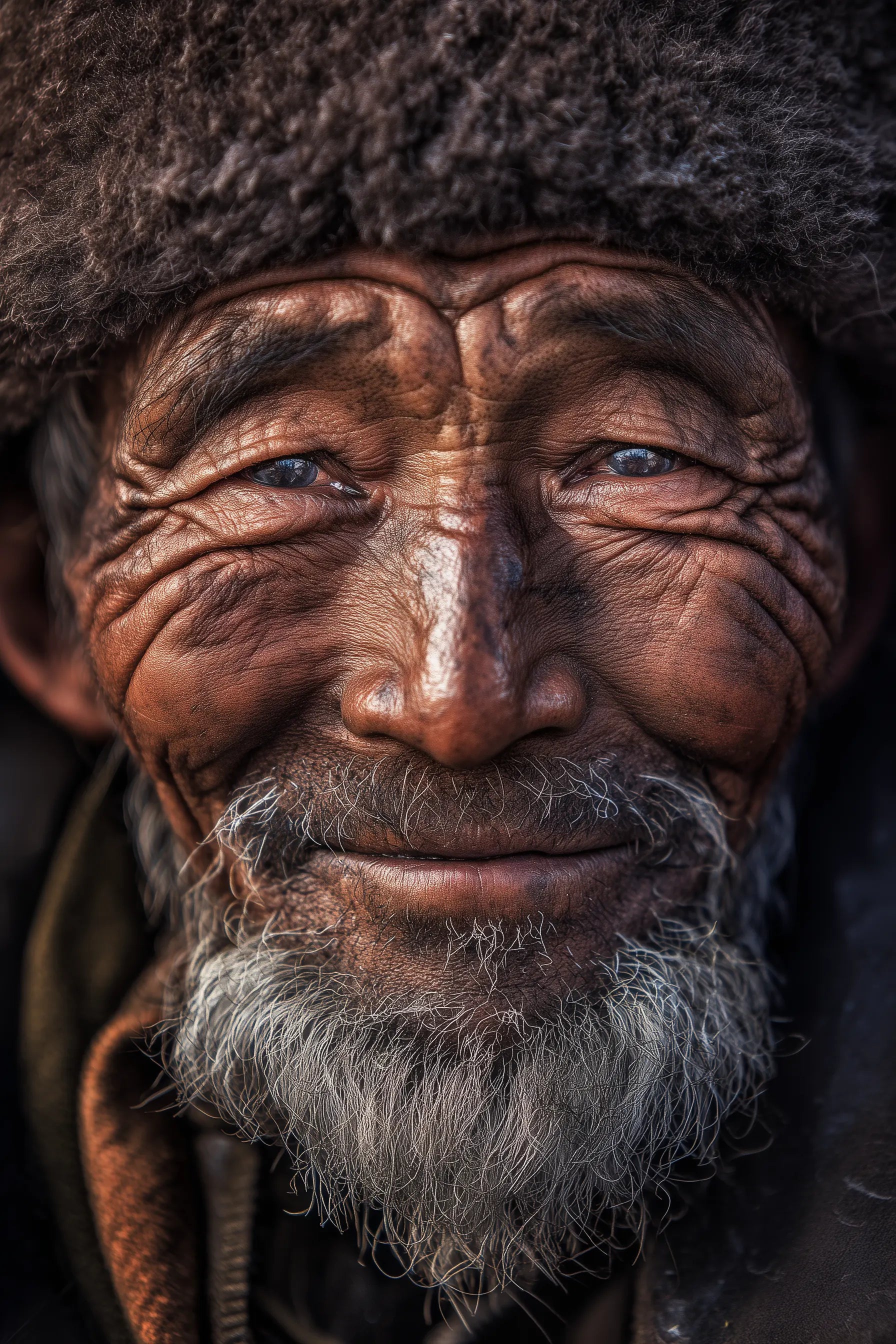 Close-up portrait of an elderly Nepalese man with deep facial wrinkles, blue eyes, and a gray beard, wearing a dark brown fur hat and jacket.