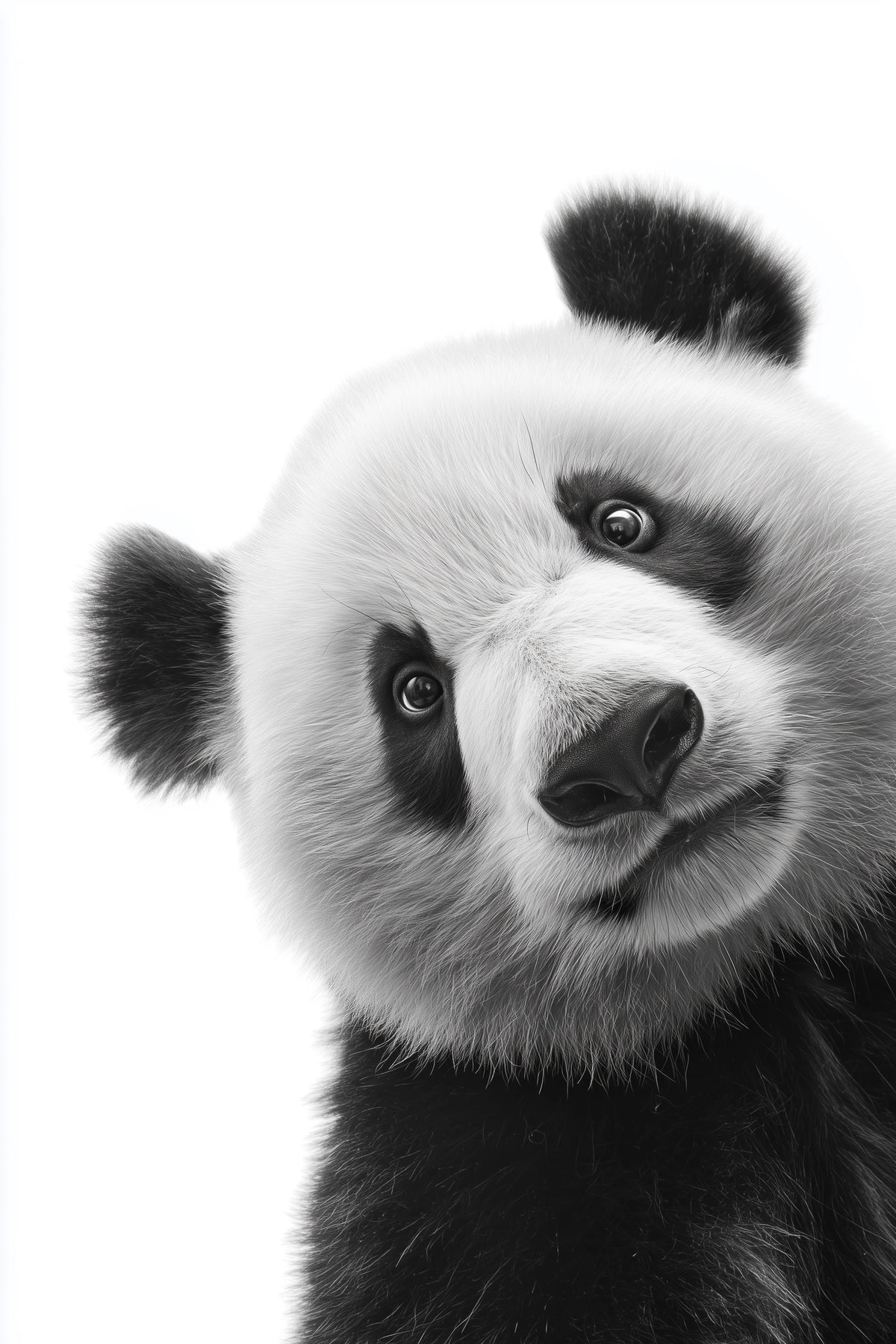 Black and white studio photography of a curious Panda looking directly into the camera