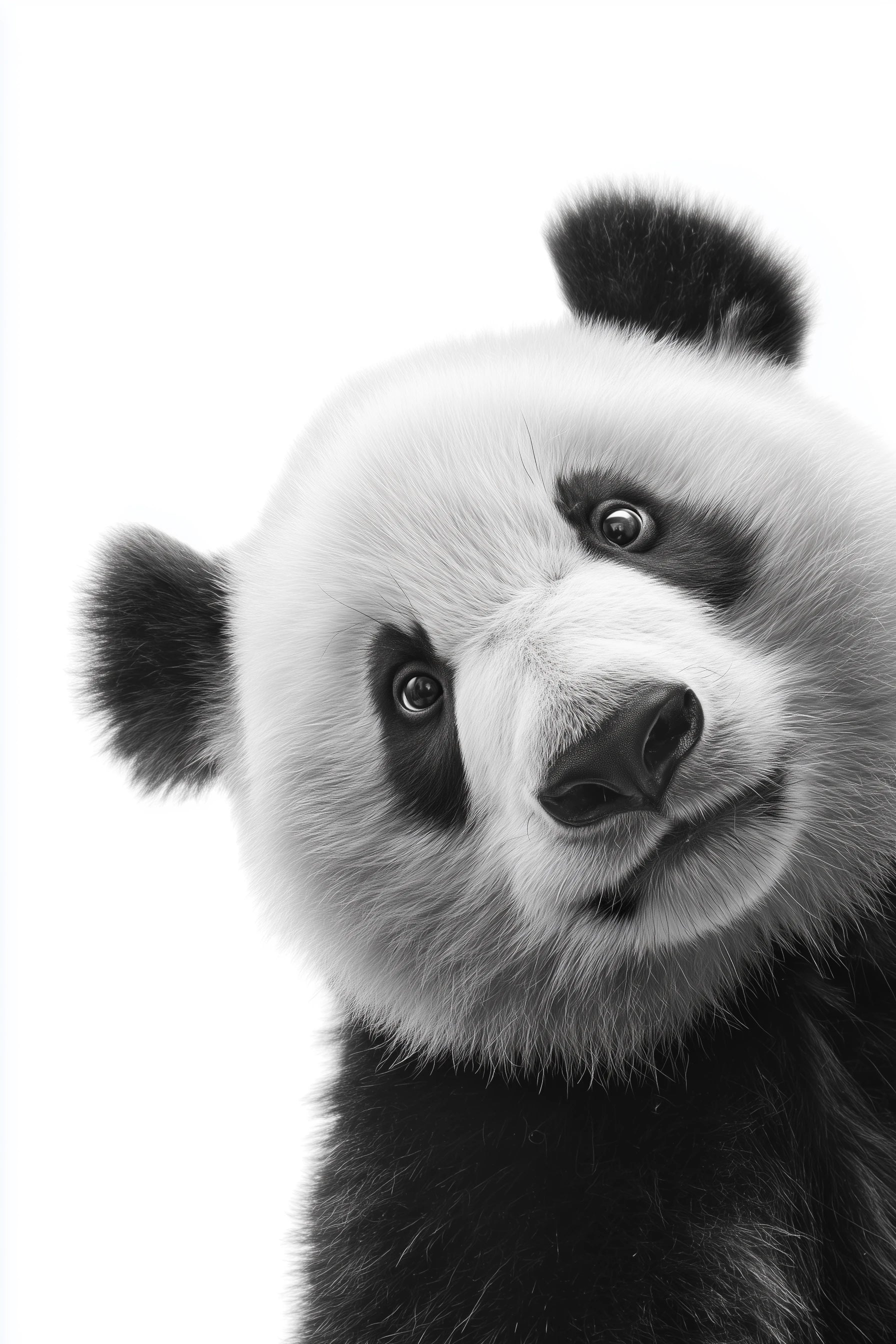 Black and white studio photography of a curious Panda looking directly into the camera