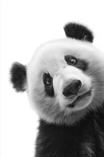Black and white studio photography of a curious Panda looking directly into the camera