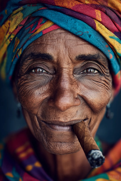 Close-up of an elderly cuban women wearing a colorful headscarf and holding a cigar between her lips