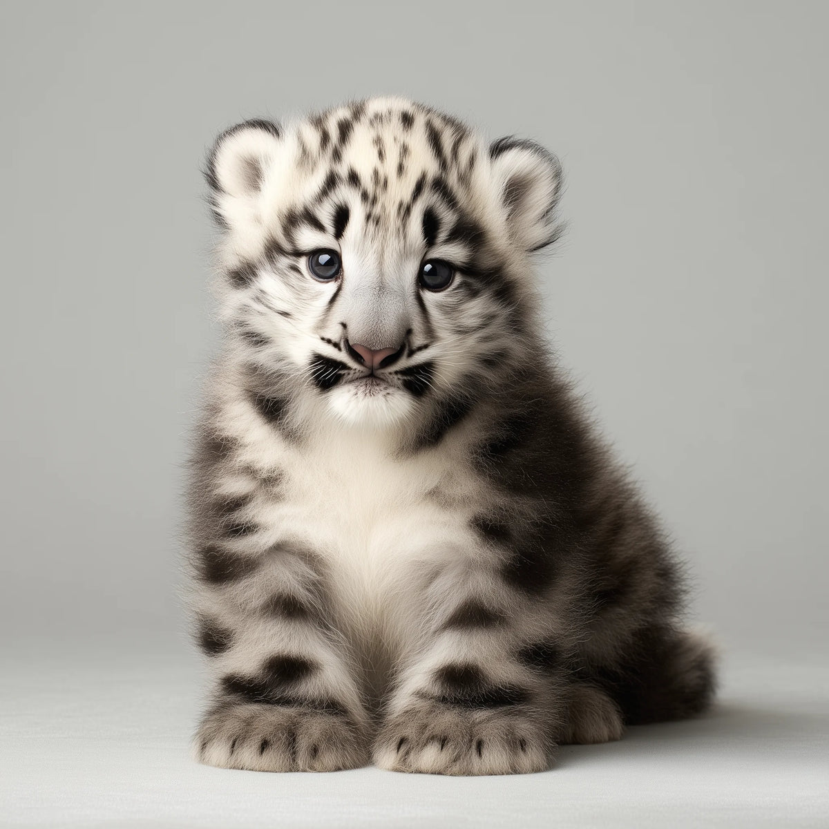 A fluffy snow leopard cub sitting upright against a plain light gray studio background.