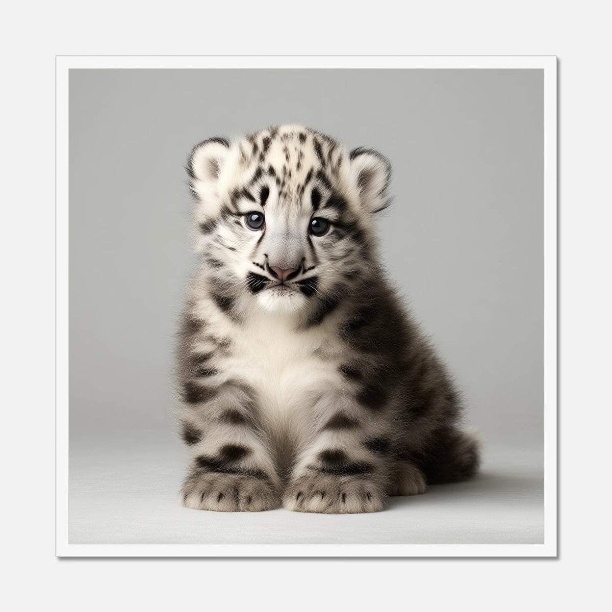 White framed picture of a snow leopard cub on a gray background