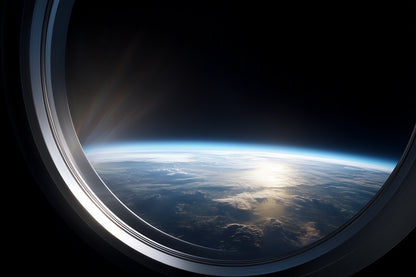 View from space looking down on the curve of earth, clouds and sea visible through a circular window