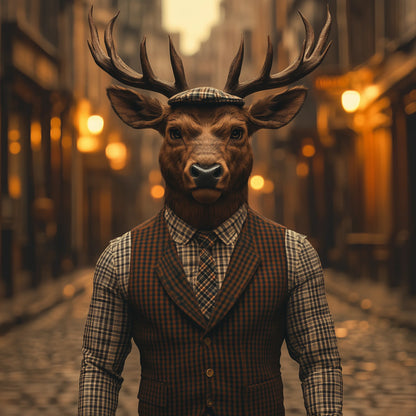 A stag with large antlers stands on a cobblestone street wearing a plaid flat cap, brown patterned vest, plaid shirt, and tie, with warm streetlights blurred in the background.