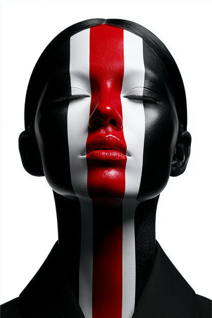 A stylized portrait of a person with closed eyes, wearing a black outfit, with vertical red, white, and black stripes painted across the face against a plain white background.