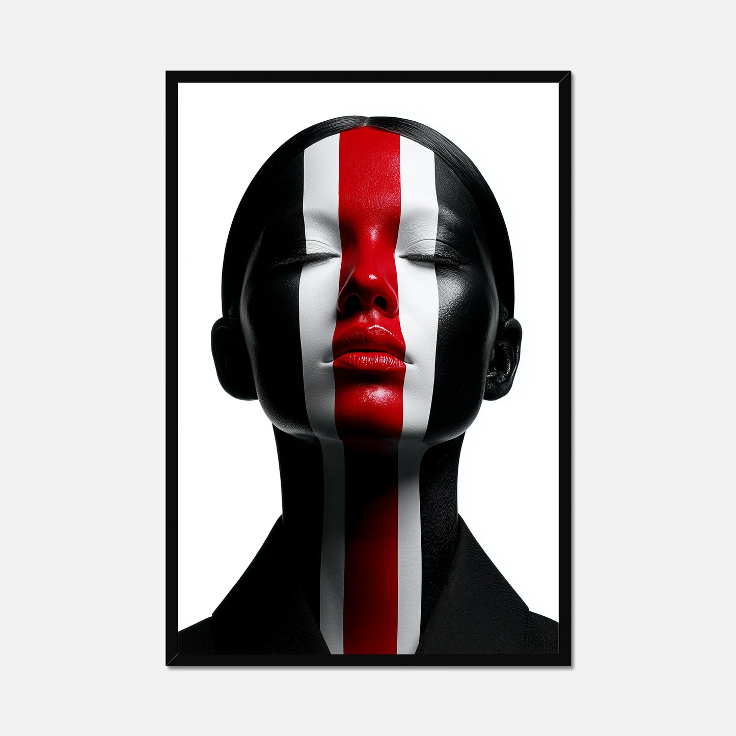 Framed artwork of a stylized face with red, white, and black stripes on a white background