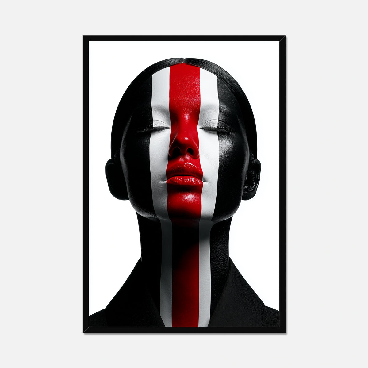 Framed artwork of a stylized face with red, white, and black stripes on a white background