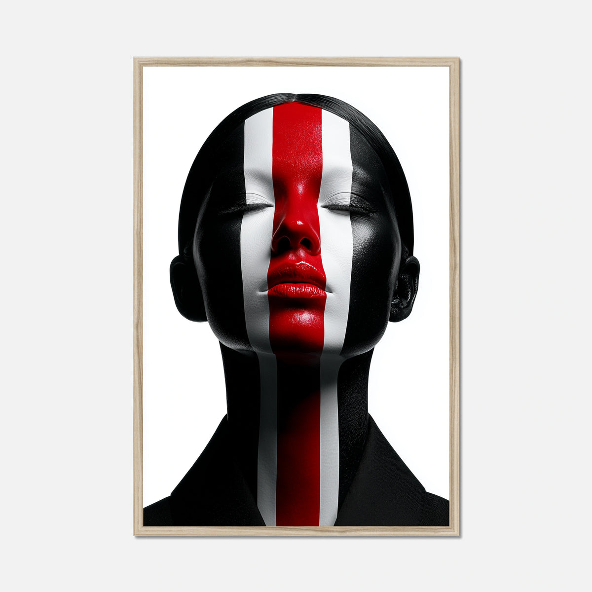 Sculptural artwork with black, red, and white design on a white background