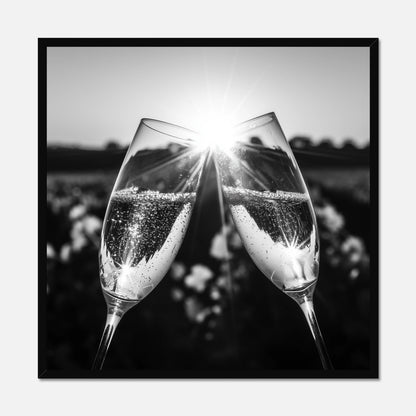 Black and white, black framed wall art featuring two champagne flutes clinking together with bright sunburst and blurred outdoor background.