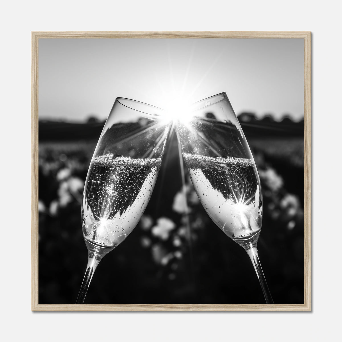 Black and white, natural oak framed wall art featuring two champagne flutes clinking together with bright sunburst and blurred outdoor background.