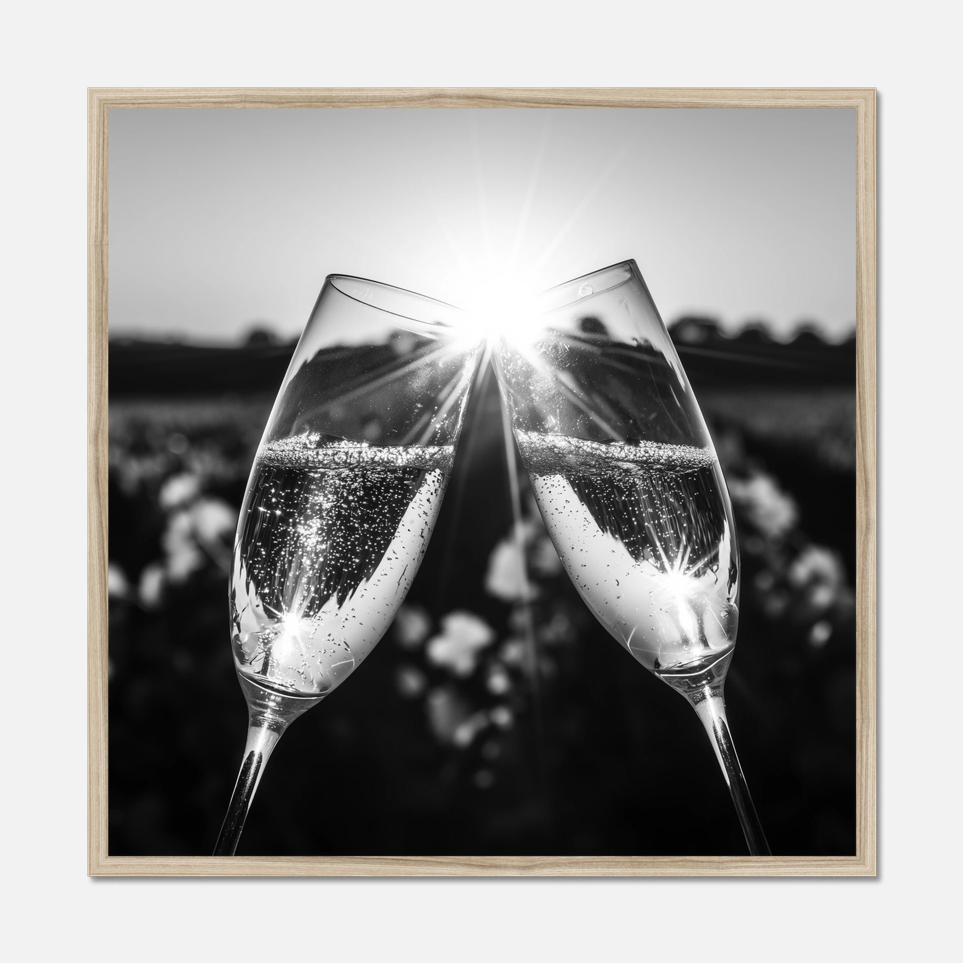 Black and white, natural oak framed wall art featuring two champagne flutes clinking together with bright sunburst and blurred outdoor background.
