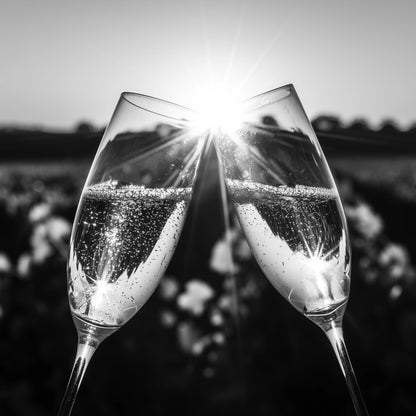 Two champagne flutes clinking together in a black and white outdoor photograph, with bright sunlight bursting through the tips and sparkling bubbles visible in the liquid.