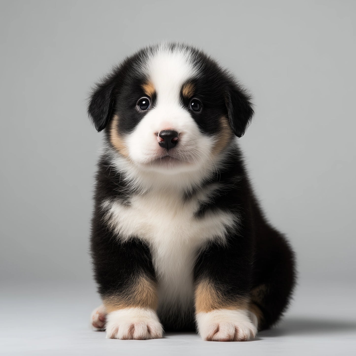A fluffy puppy with black, white, and tan fur sitting upright against a plain light gray studio background.