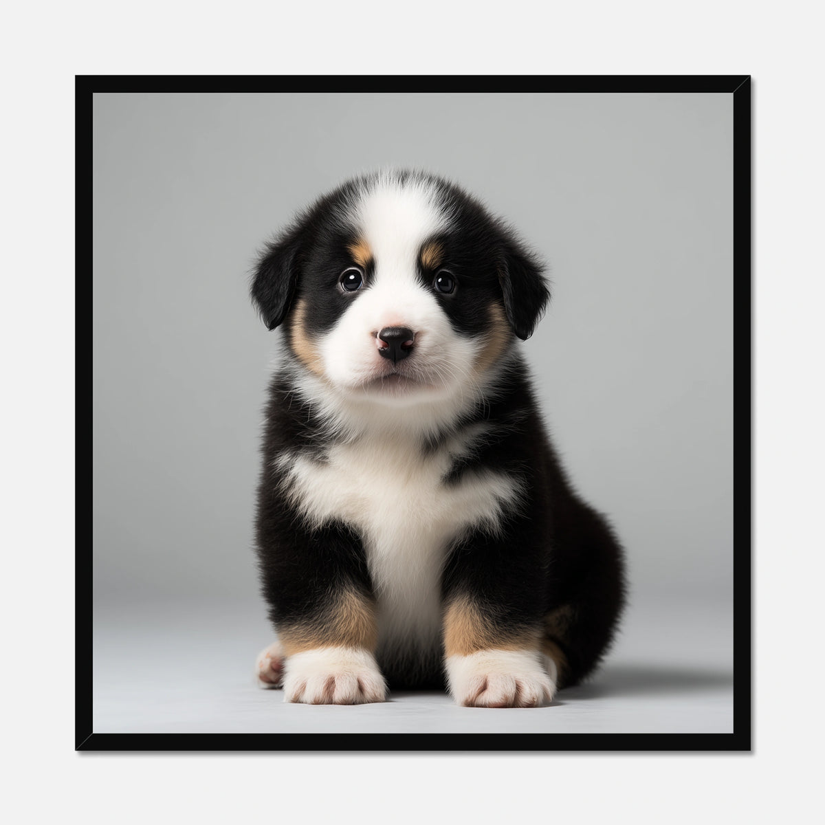 A black framed square wall art print featuring a cute black, white, and tan Swiss mountain dog puppy sitting against a light gray studio background, shown on a white wall.