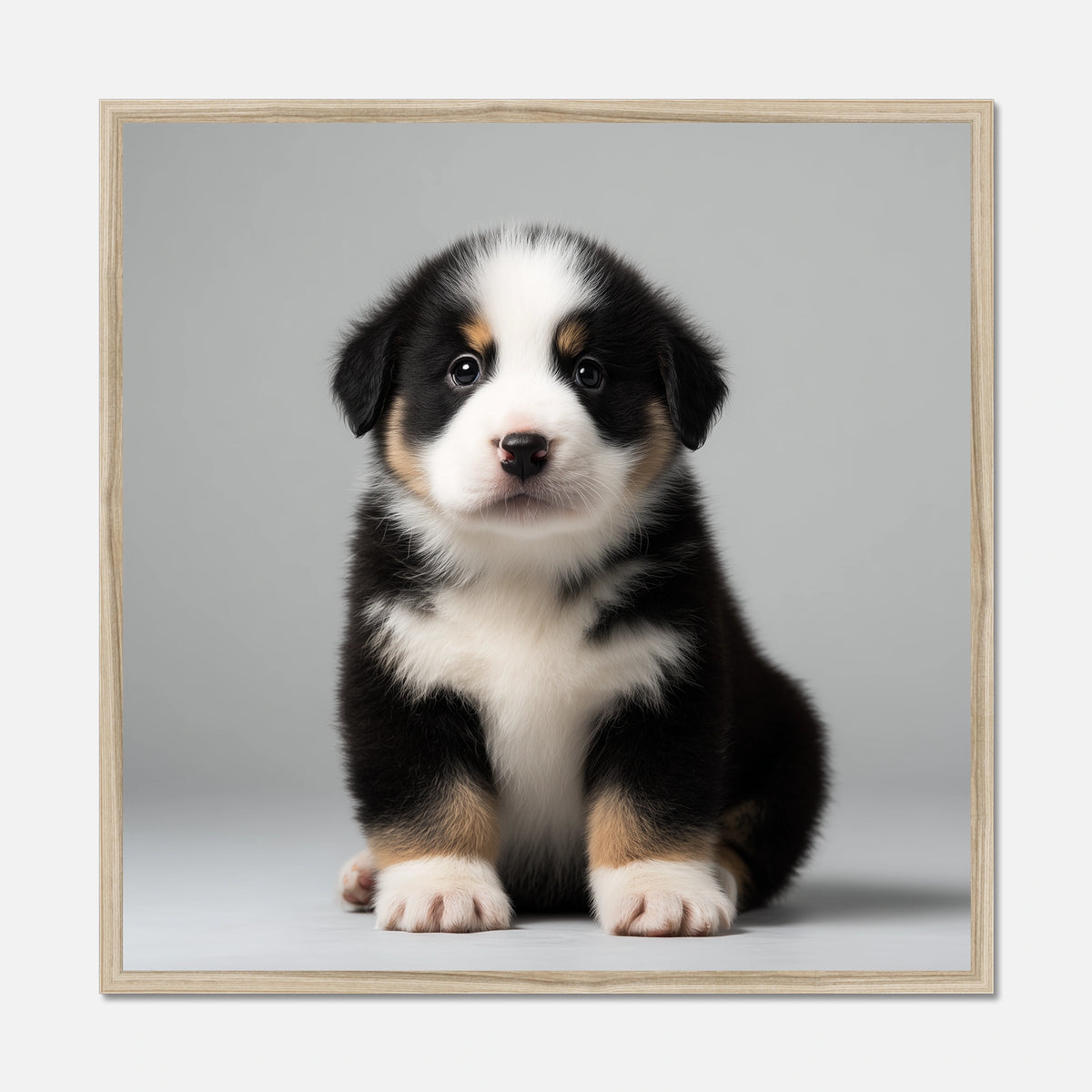 A natural oak framed square wall art print featuring a cute black, white, and tan Swiss mountain dog puppy sitting against a light gray studio background, shown on a white wall.
