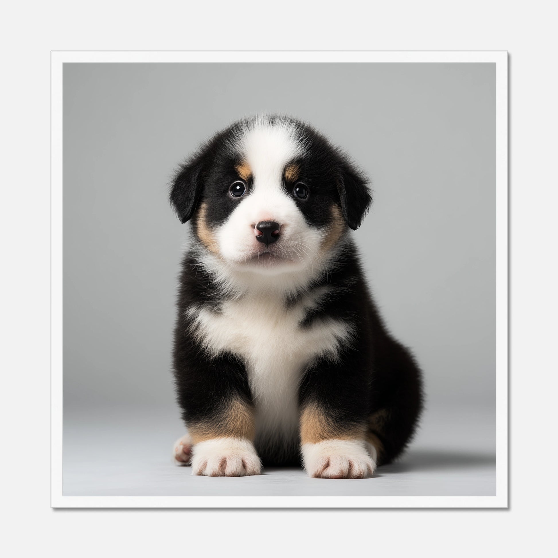A white framed square wall art print featuring a cute black, white, and tan Swiss mountain dog puppy sitting against a light gray studio background, shown on a white wall.