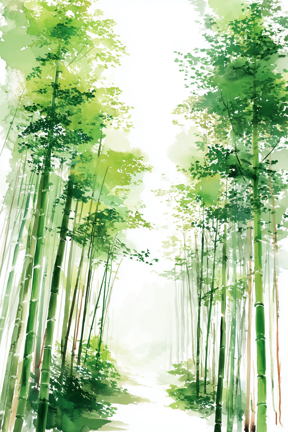 Watercolor-style japandi artwork of a bamboo forest with tall green bamboo stalks and leaves, soft misty light, and a pale path or opening in the center.