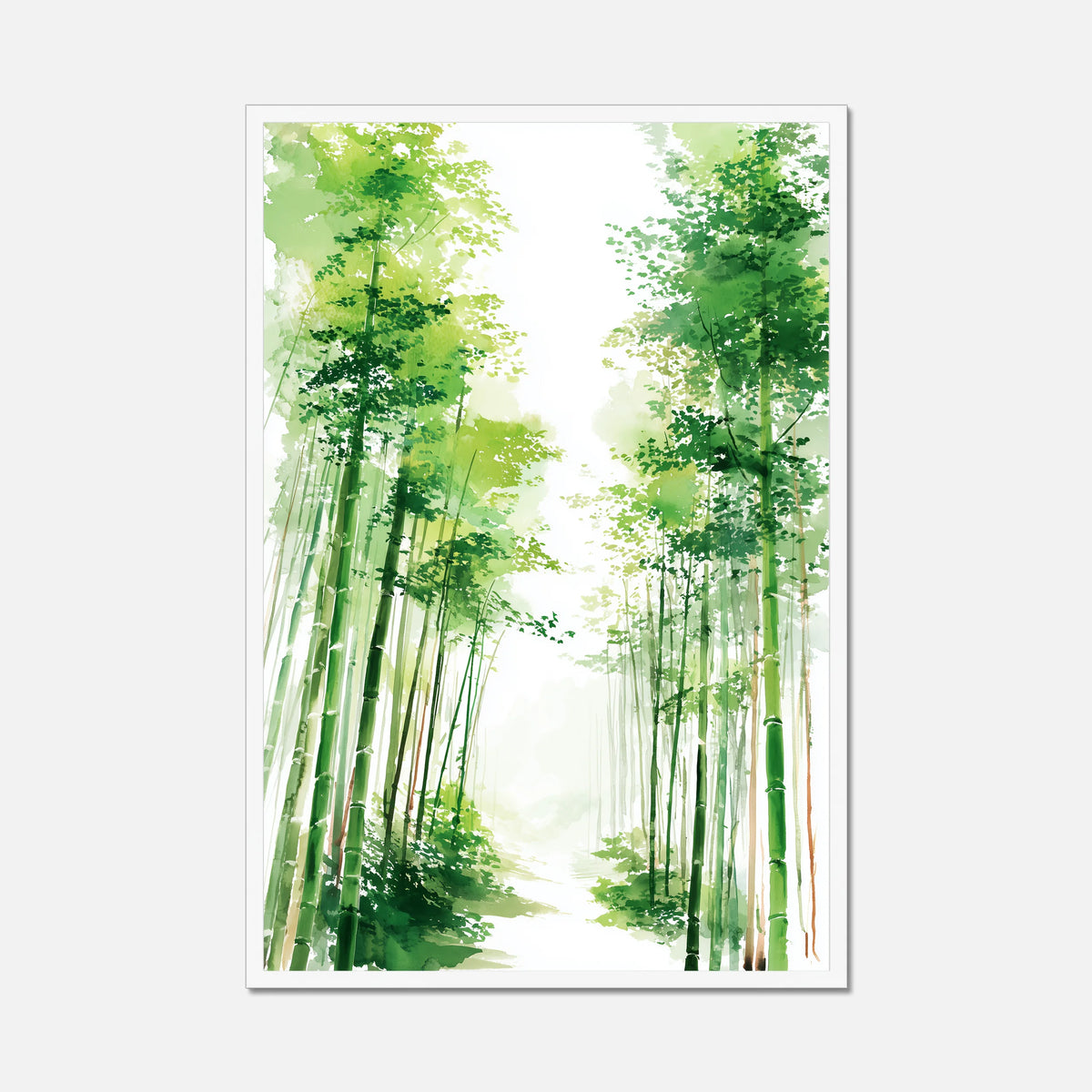 White framed artwork of a Japandi forest scene with tall trees on a white background