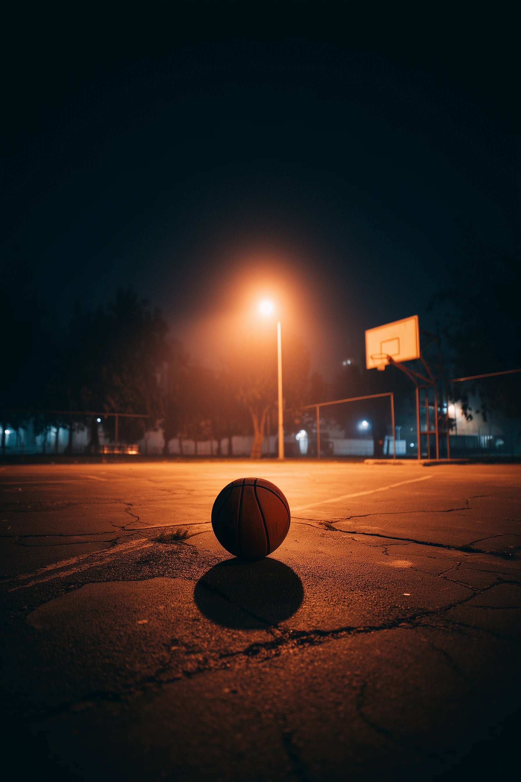 A basketball sits on a cracked asphalt court at night under a bright streetlamp, with a basketball hoop and backboard in the background.