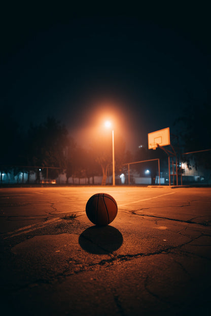 A basketball sits on a cracked asphalt court at night under a bright streetlamp, with a basketball hoop and backboard in the background.