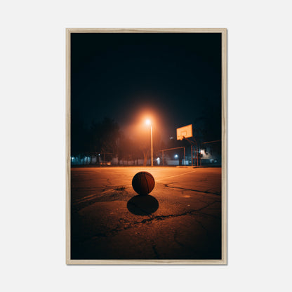 A framed vertical art print depicting a basketball on an outdoor court at night under a bright streetlight, shown against a light gray background.