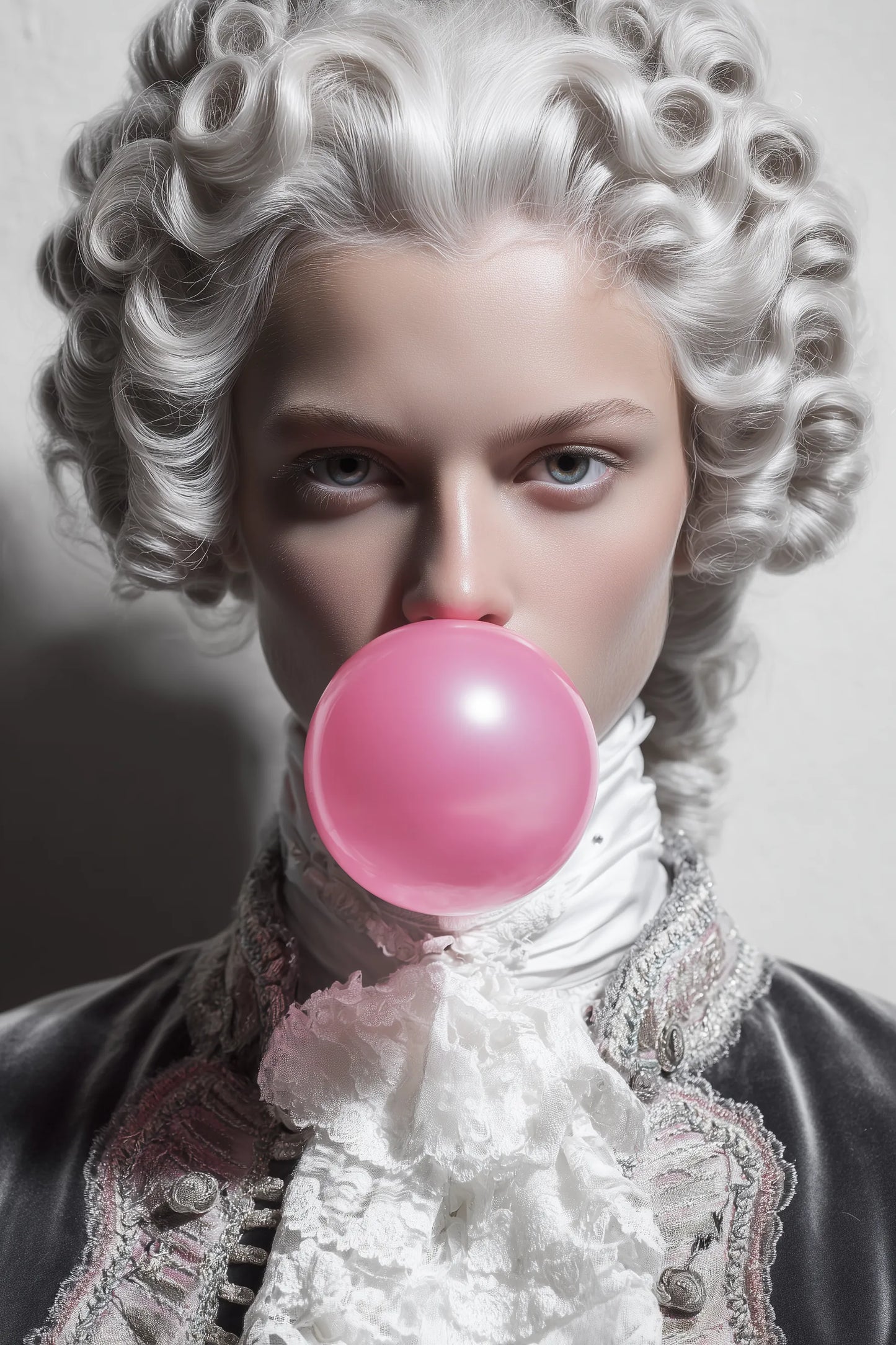 Person in historical costume blowing a pink bubble of gum against a gray background